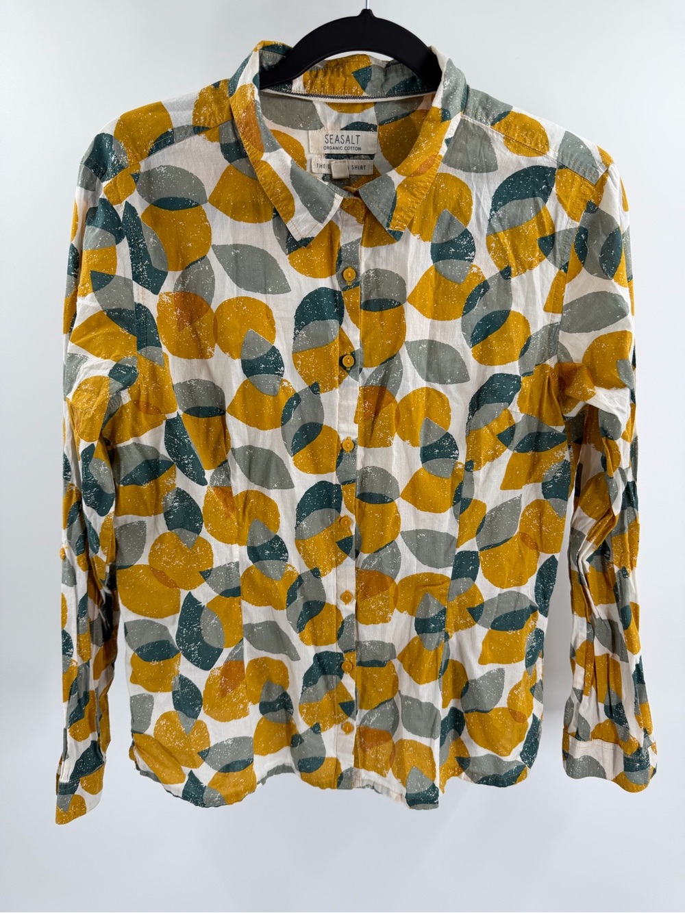 Seasalt Organic Cotton Patterned Button-Up Shirt Mustard & Teal Size 8 Larissa